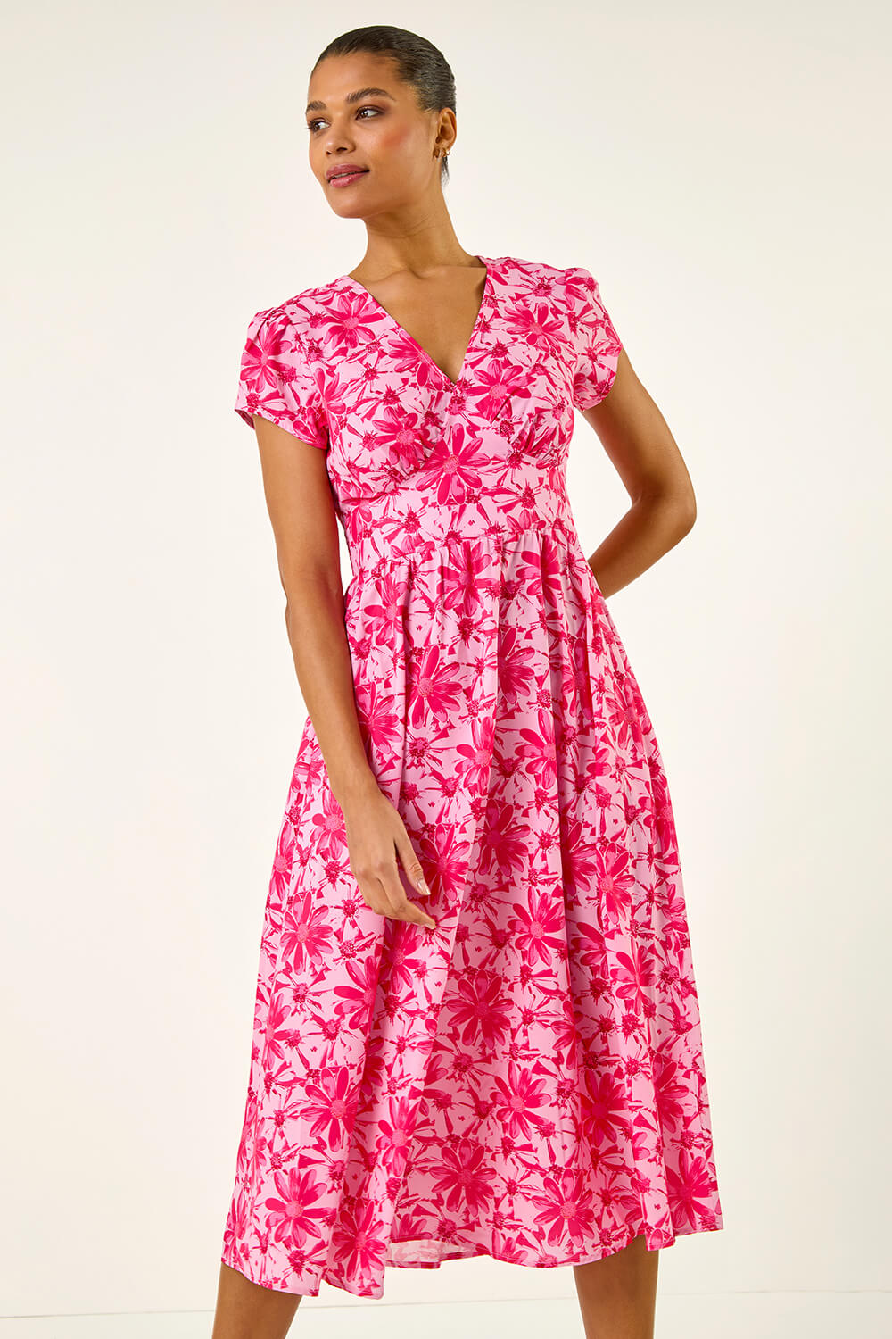 PINK Floral Print Midi Tea Dress, Image 1 of 5