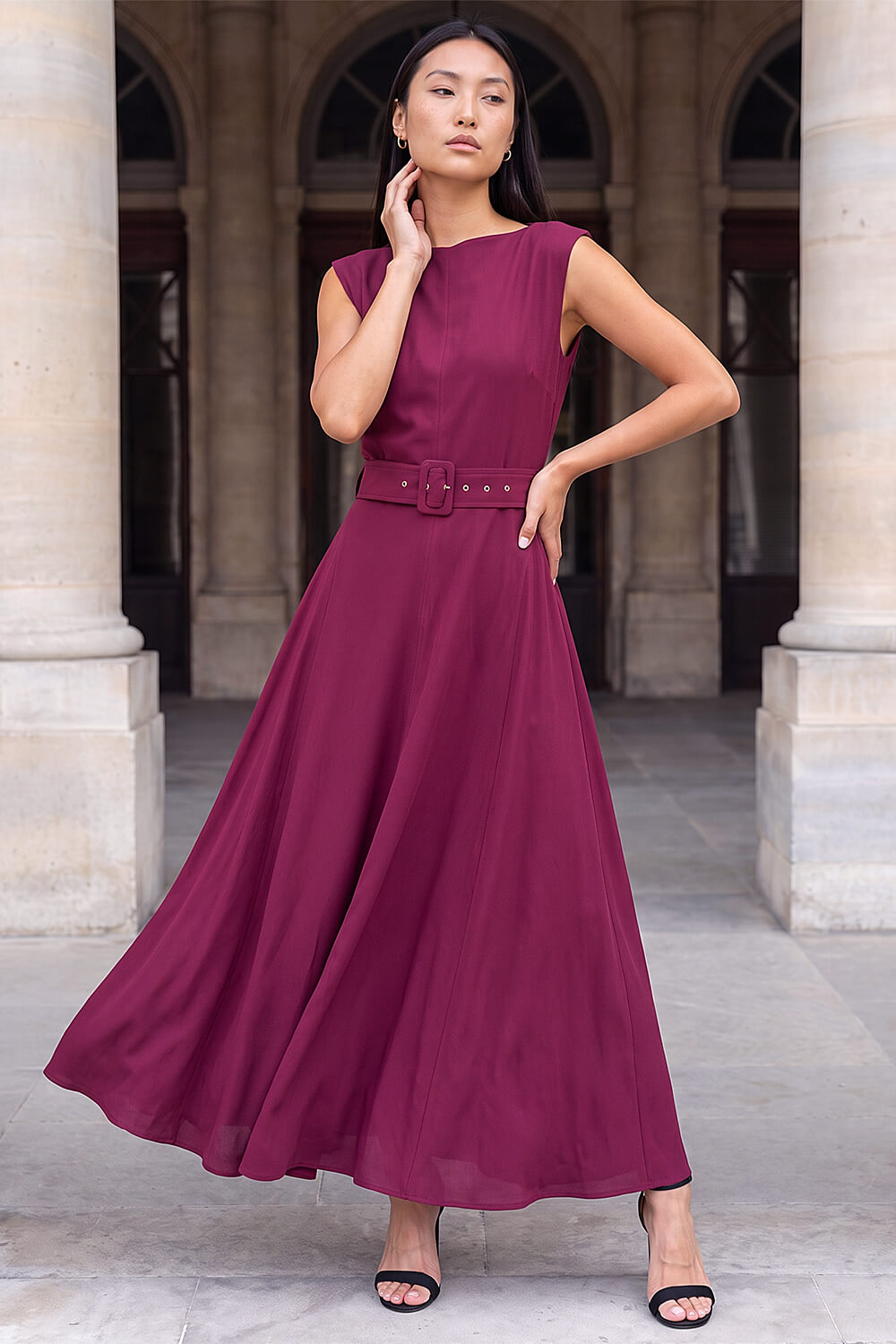 Roman Women's Wine Belted Fit And Flare Dress Size 14