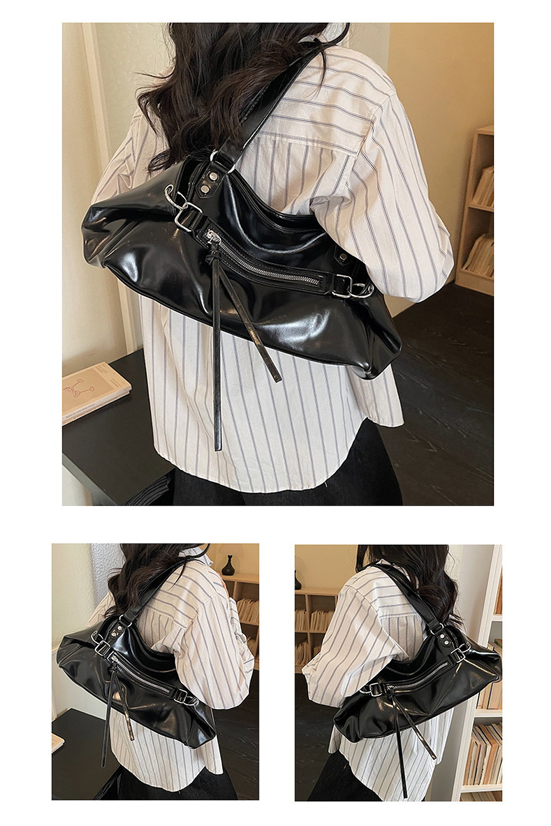 Black Large Tote Bag With Zip And Metal Hardware, Image 5 of 5