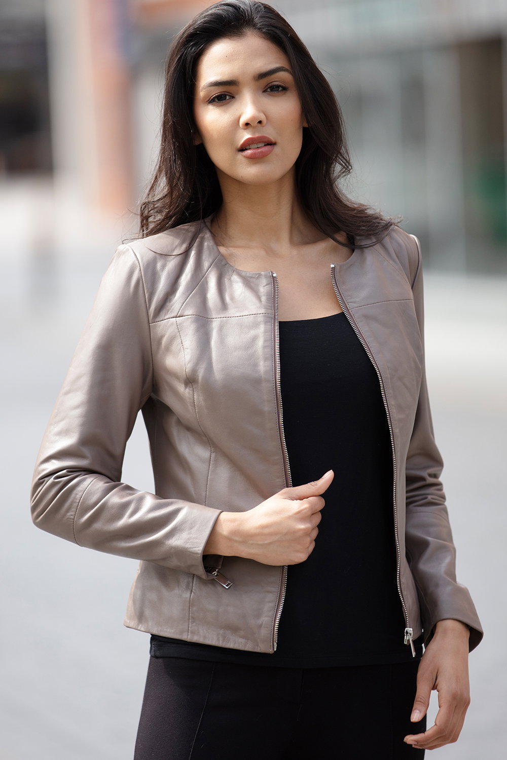 Taupe Ashwood Leather Taupe 'Francesca' Collarless Real Leather Fashion Jacket, Image 1 of 5