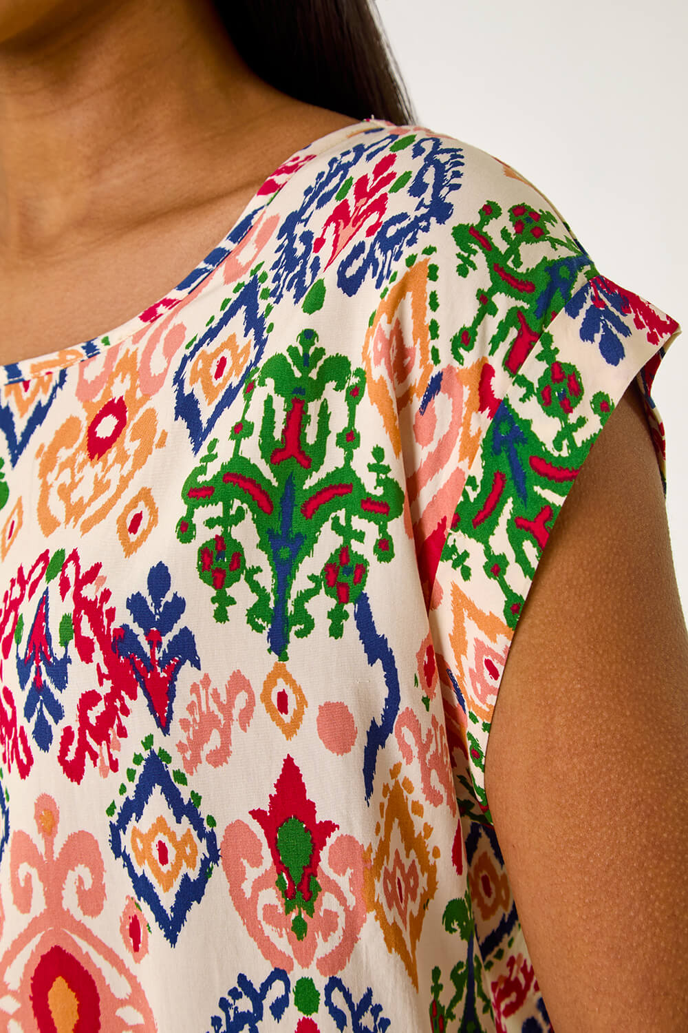 Peach Abstract Print Cuff Sleeve Top, Image 6 of 5