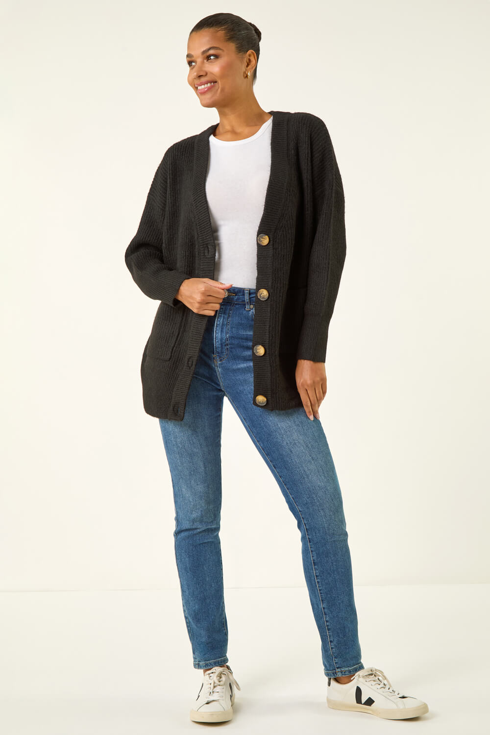 Black Relaxed Longline Cardigan , Image 3 of 5
