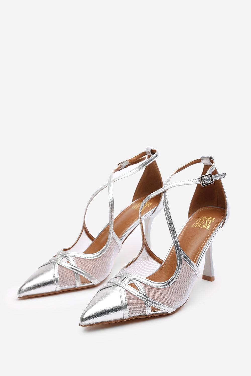 Silver 'Kiara' Strappy Pointed Toe High Mesh Heels, Image 3 of 4