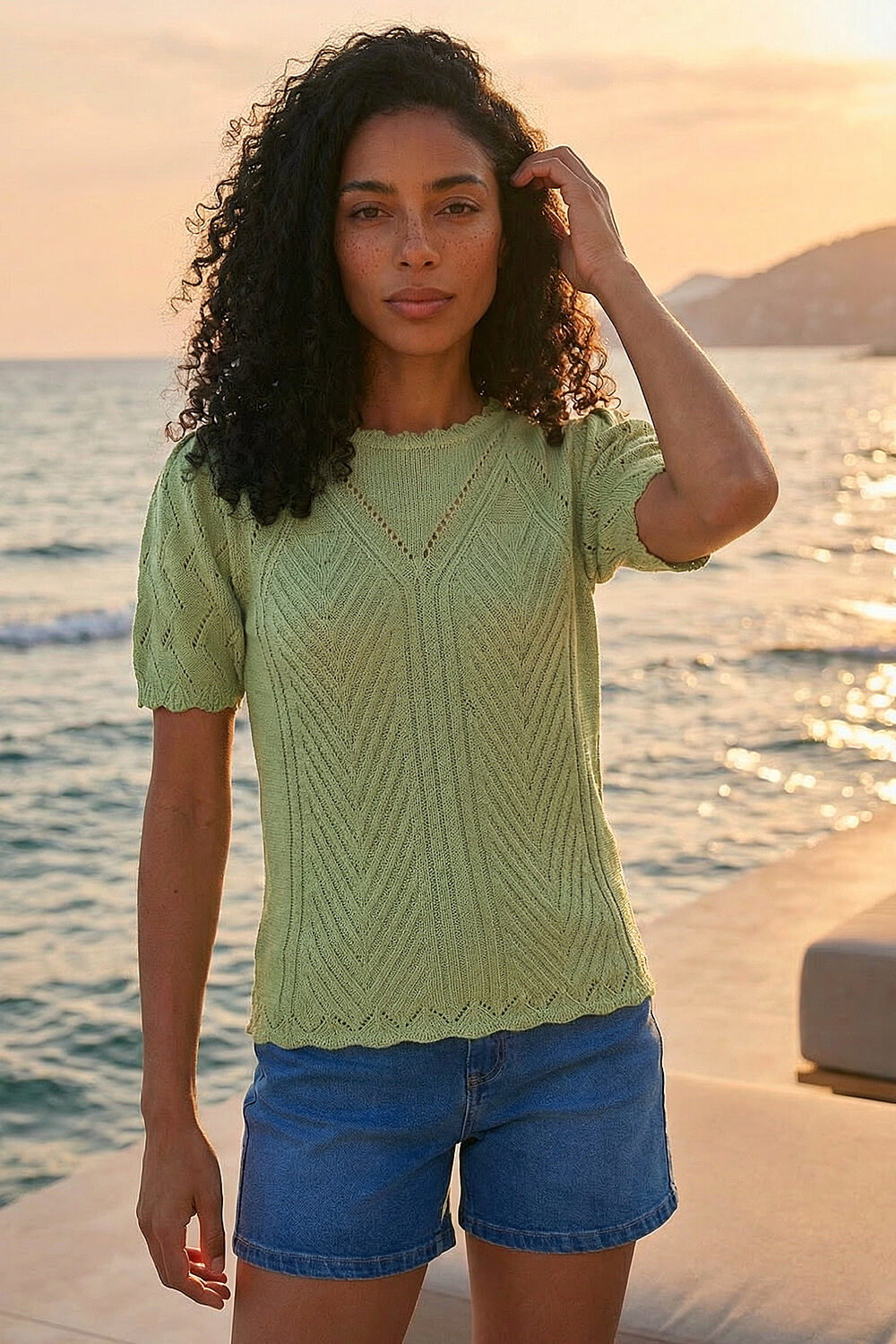 Khaki Scallop Puff Sleeve Knit Top | Roman UK