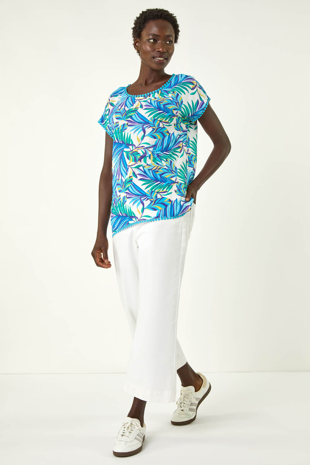 Blue Tropical Leaf Bobble Trim Top, Image 3 of 5