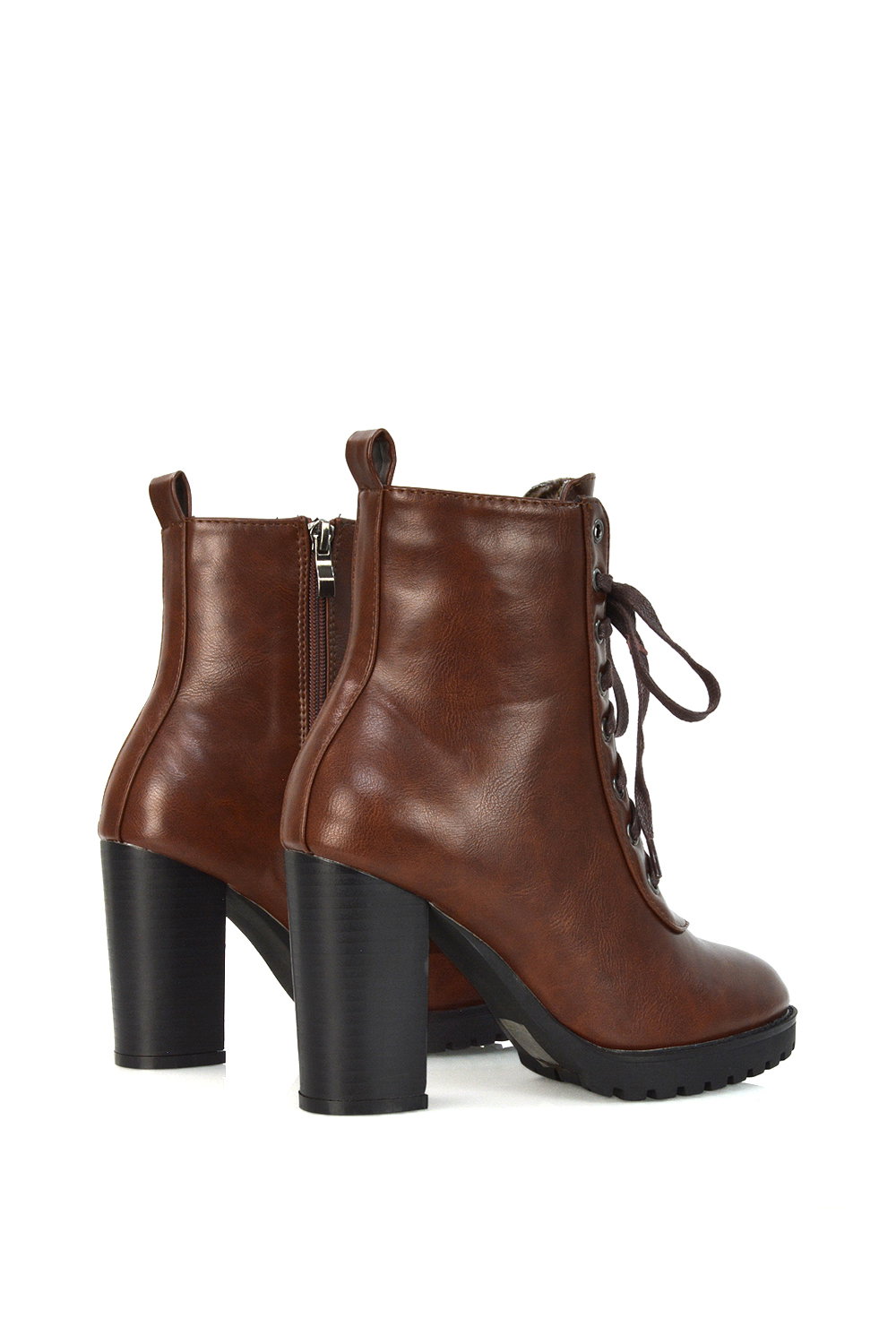 Brown 'Ariel' Lace up High Block Heel Zip-up Biker Ankle Boots, Image 3 of 5