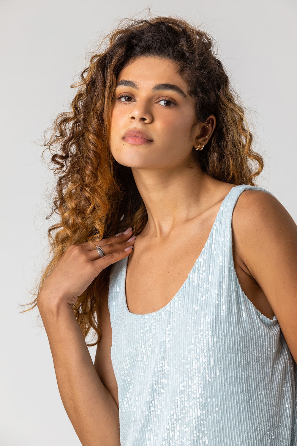 Light-Blue Scoop Neck Sequin Cami Top, Image 6 of 5