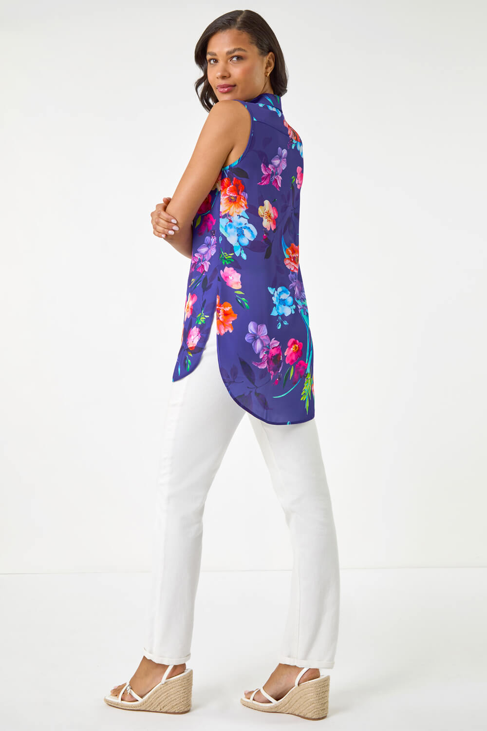 Roman Women's Purple Floral Leaf Print Longline Button Up Blouse Size 12