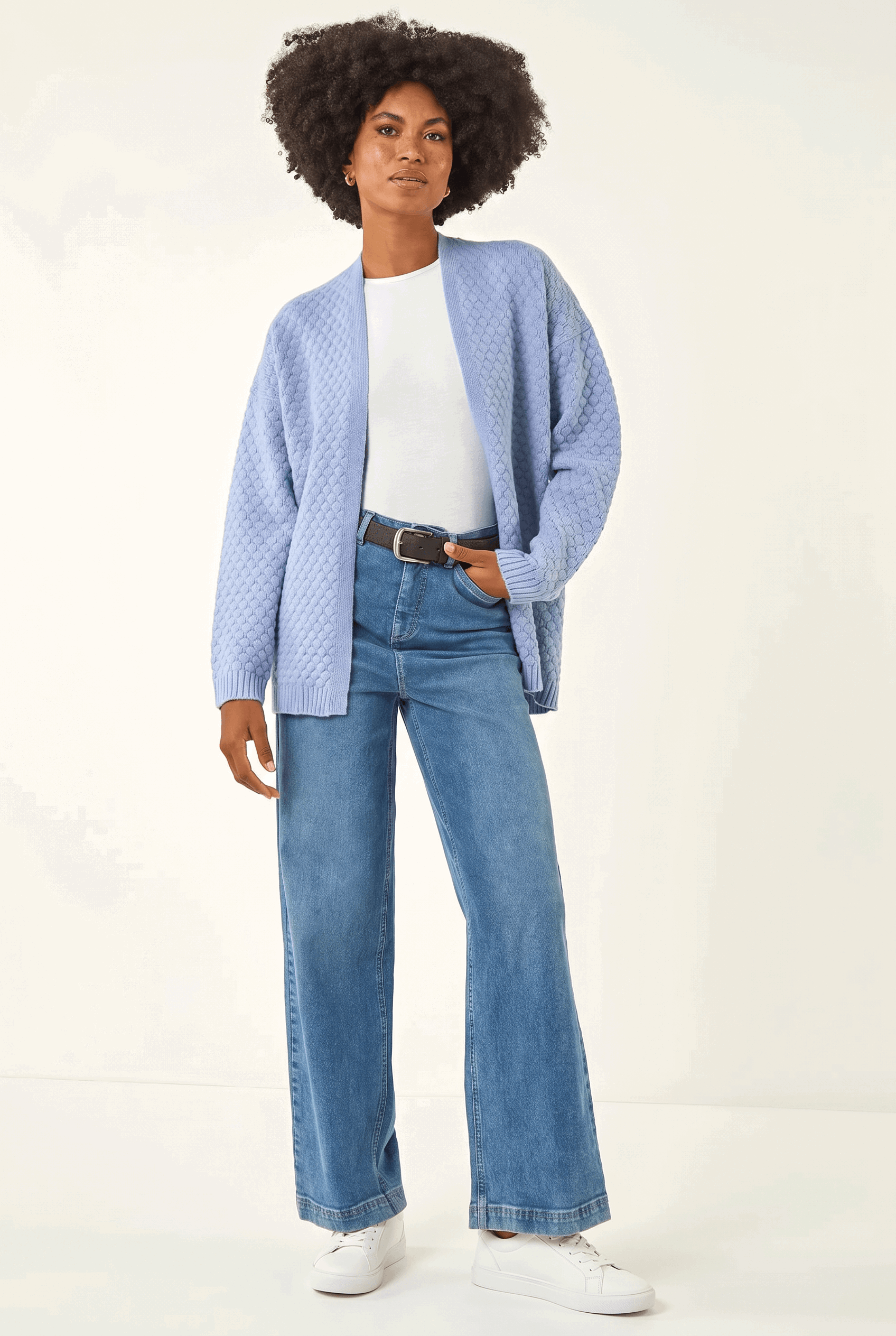 Light Blue Waffle Knit Cardigan, Image 3 of 6