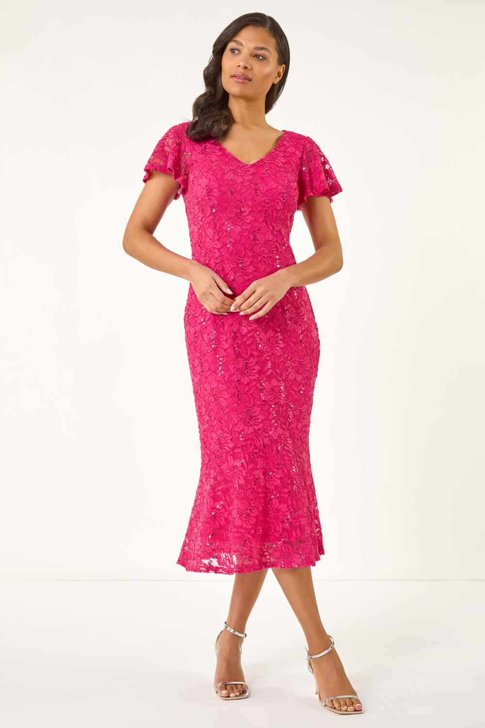 Fuchsia Sequin Lace Ruffle Stretch Midi Dress, Image 3 of 5