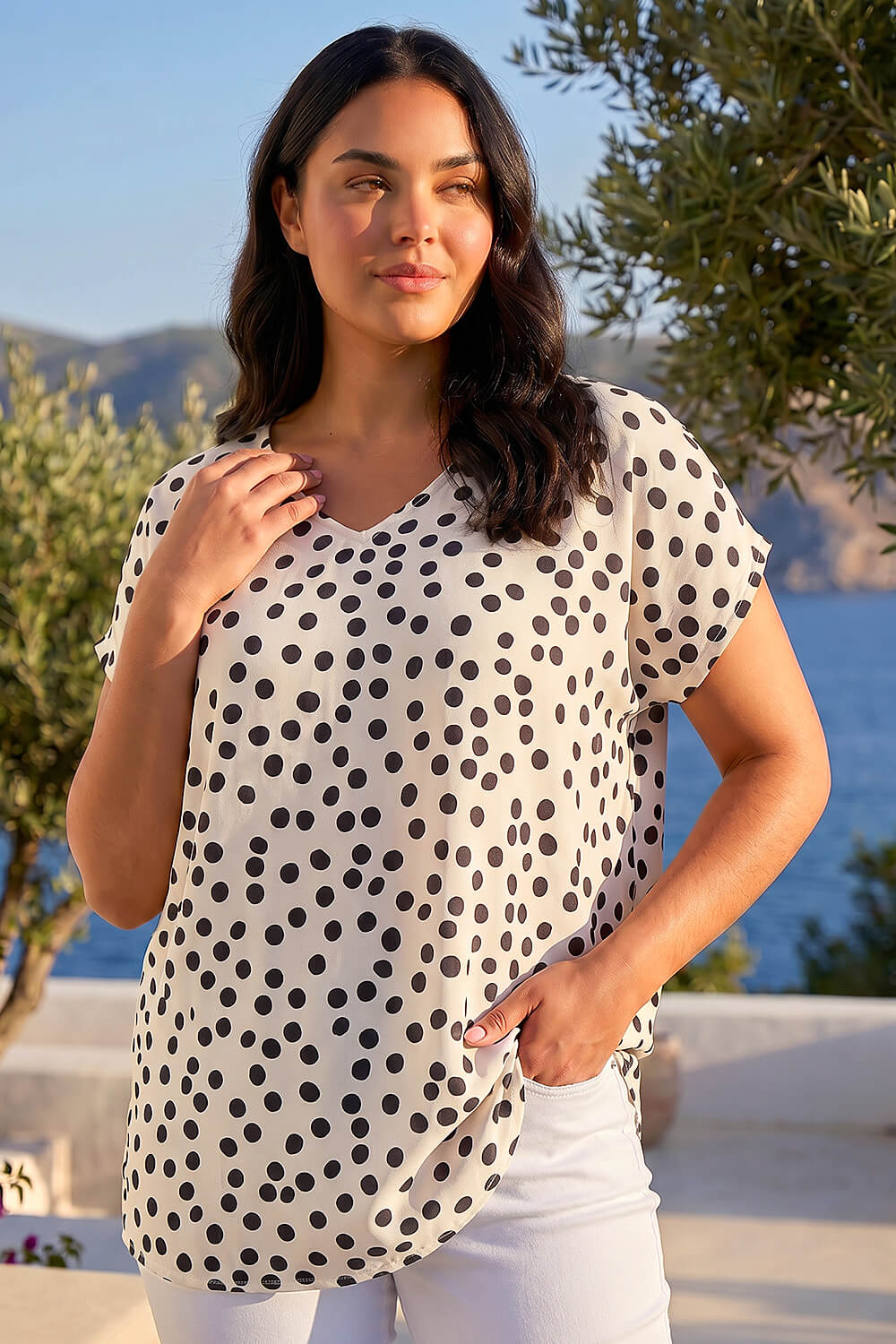 Ivory Curve Spot Print Cocoon Stretch Top, Image 1 of 4