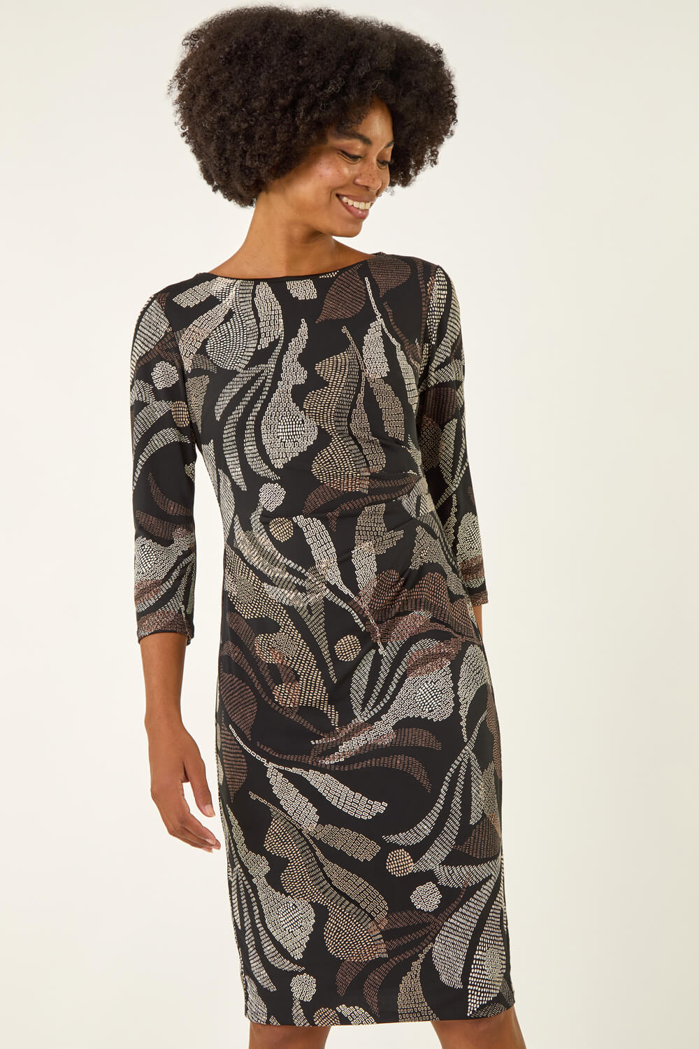 Roman Women's Brown Abstract Print Ruched Midi Stretch Dress Size 18