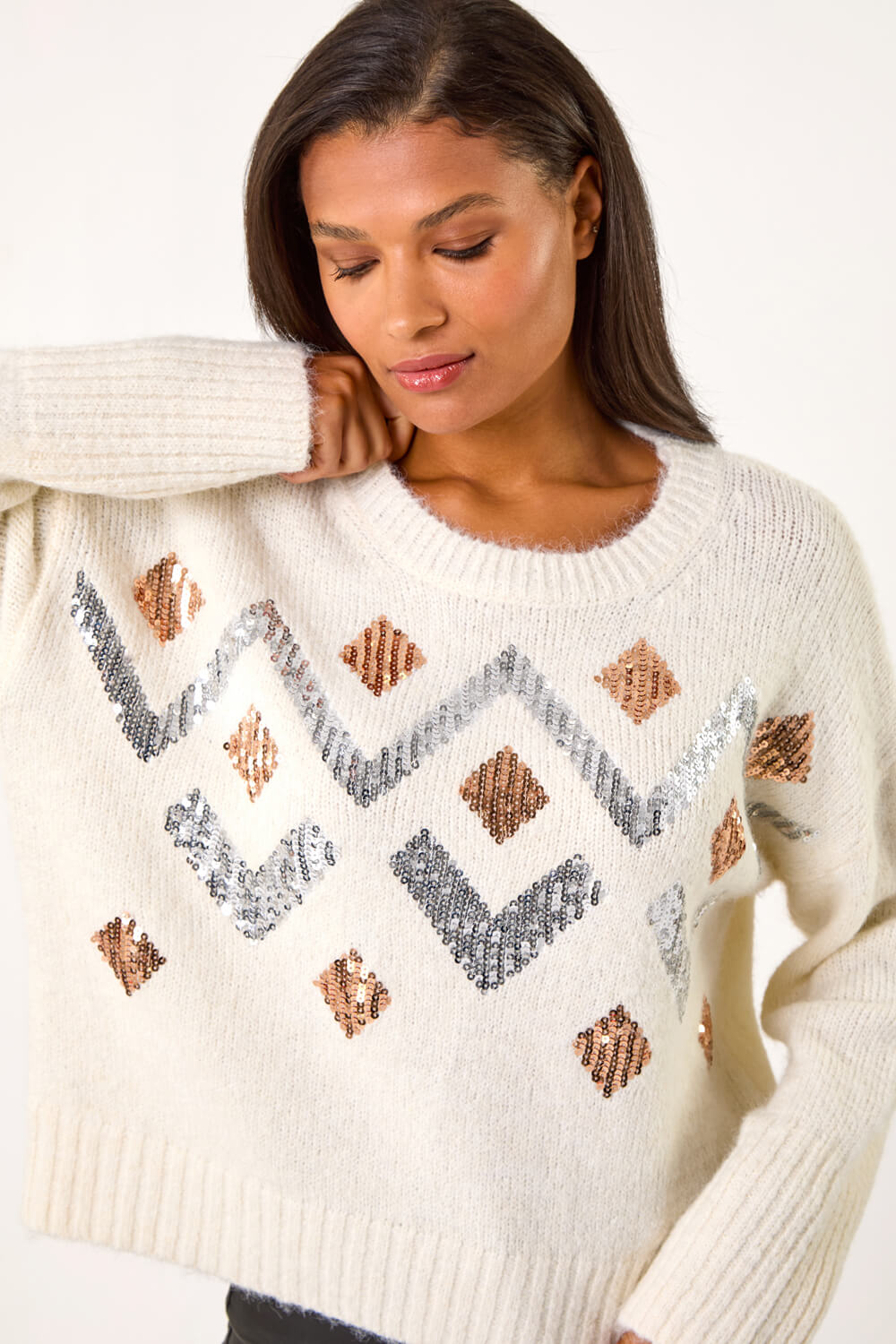 Roman Women's Ivory Zig Zag Diamond Detail Knit Jumper