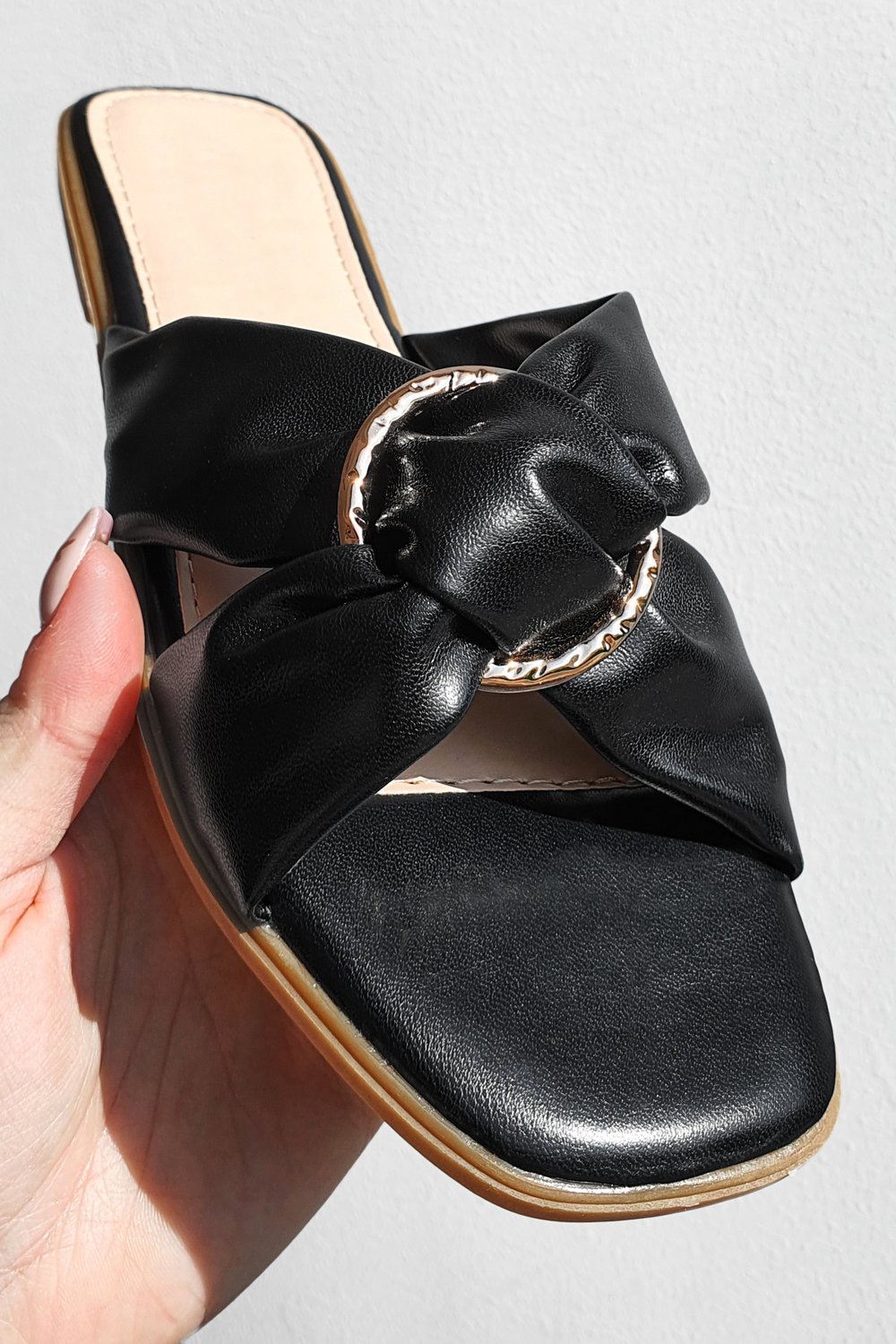 Black PU Cross-Over Strap Sliders, Image 1 of 4