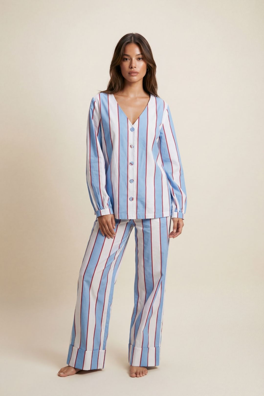 Blue Stripe Cotton V Neck Pyjama Trouser Set