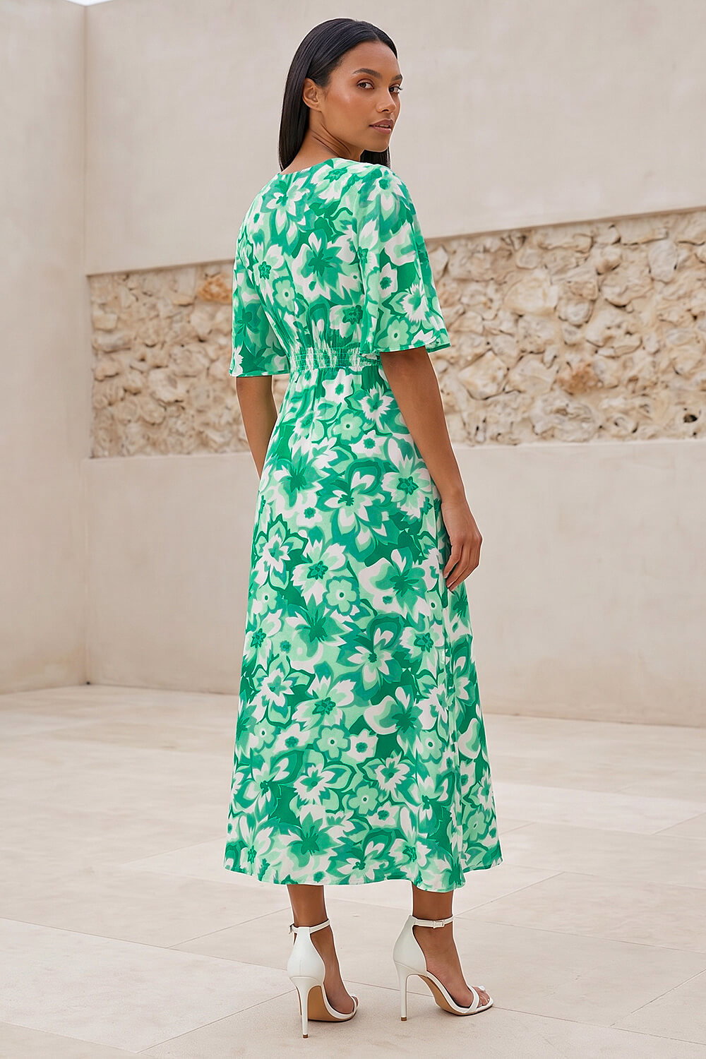 Teal Floral Print Angel Sleeve Midi Dress, Image 4 of 4