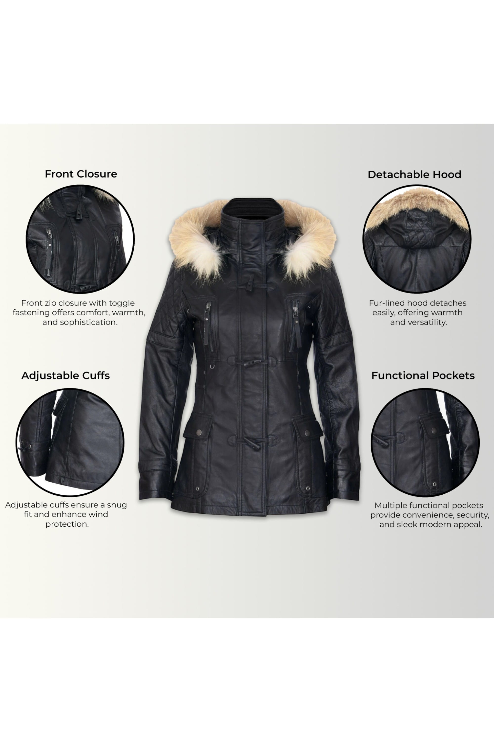 Black Lamb Leather Parka Fur Hood Jacket, Image 3 of 6