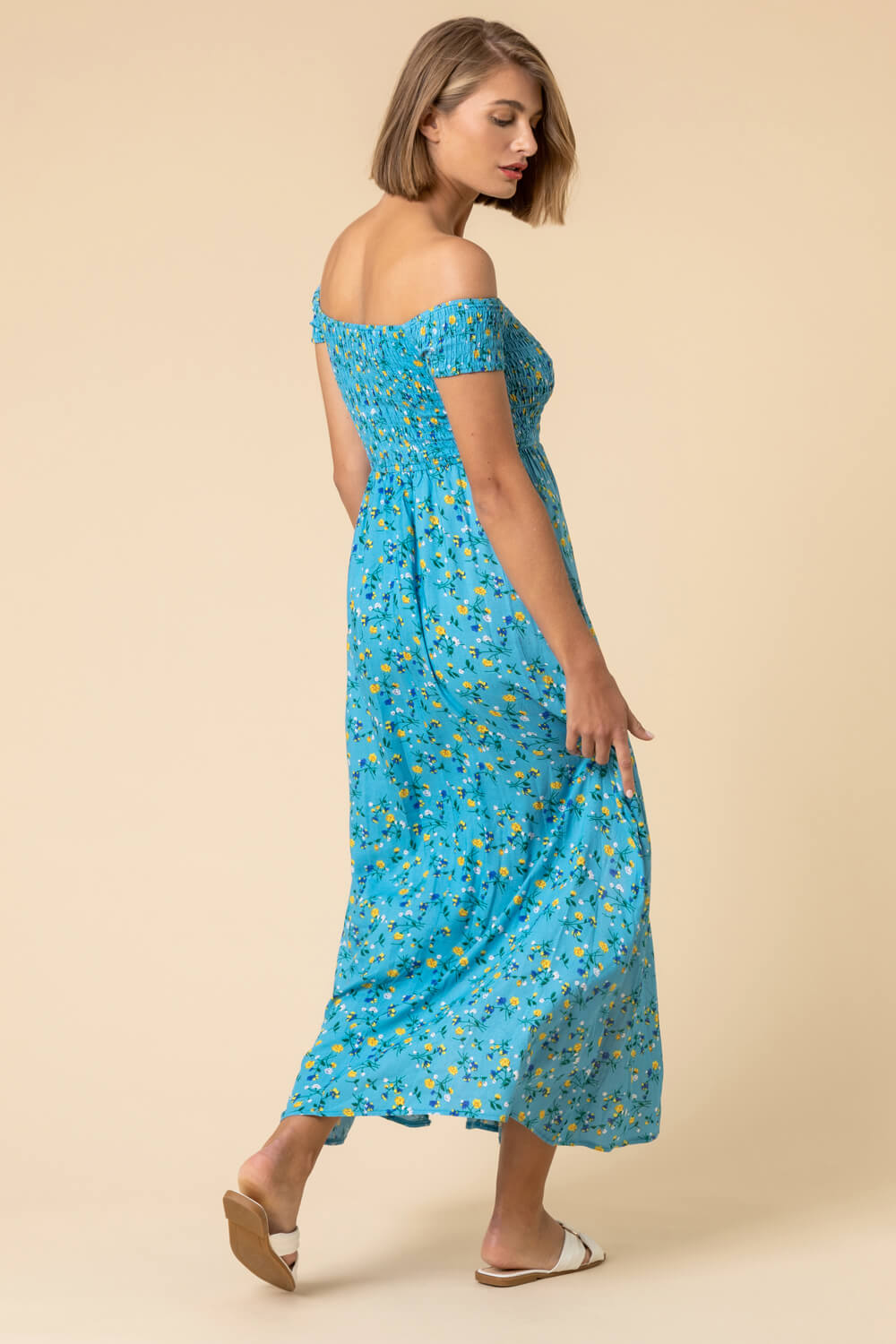 Ruffle Detail Shirred Ditsy Floral Bardot Dress