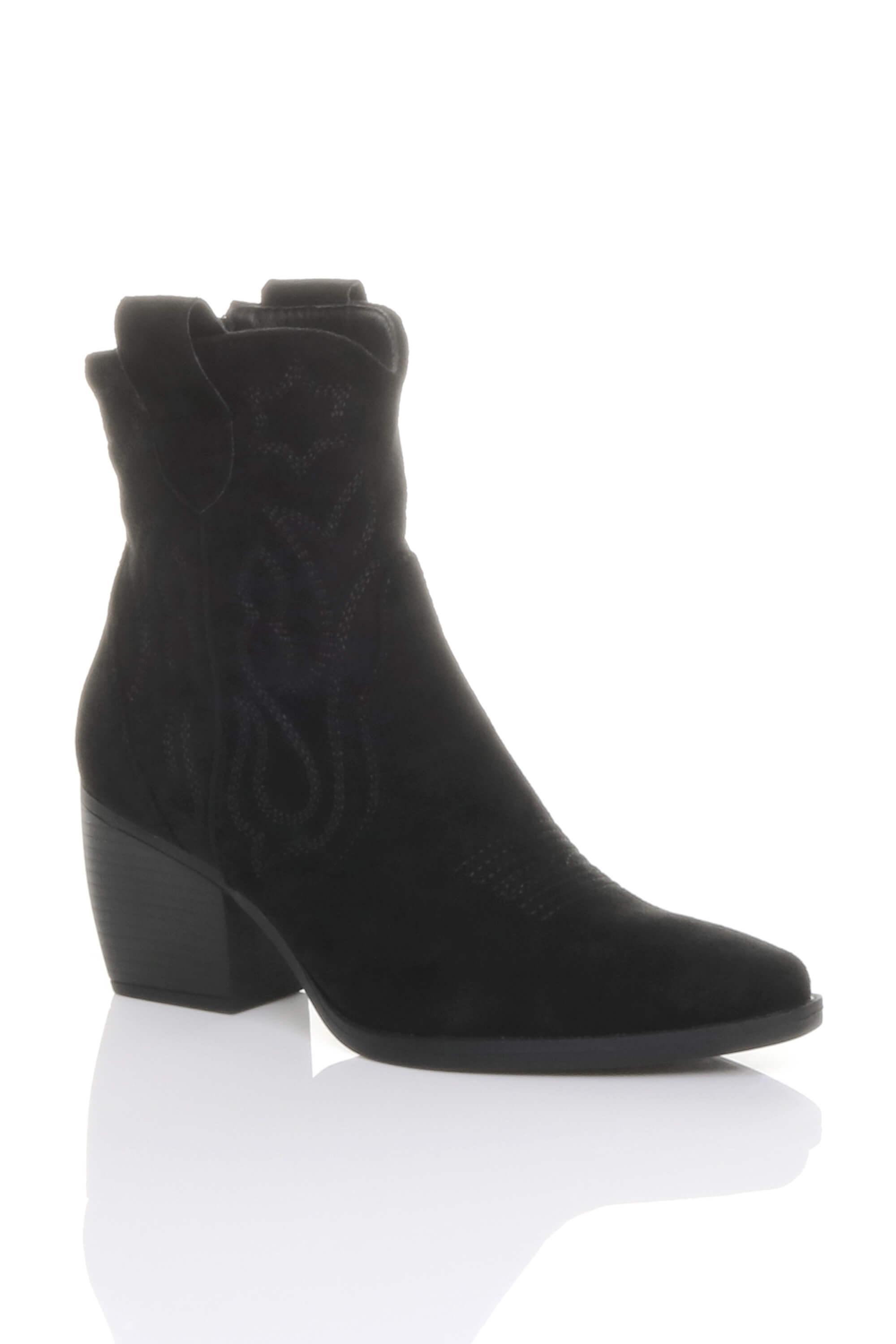 Black Mid Cuban Heel Pointed Toe Western Cowboy Ankle Boots