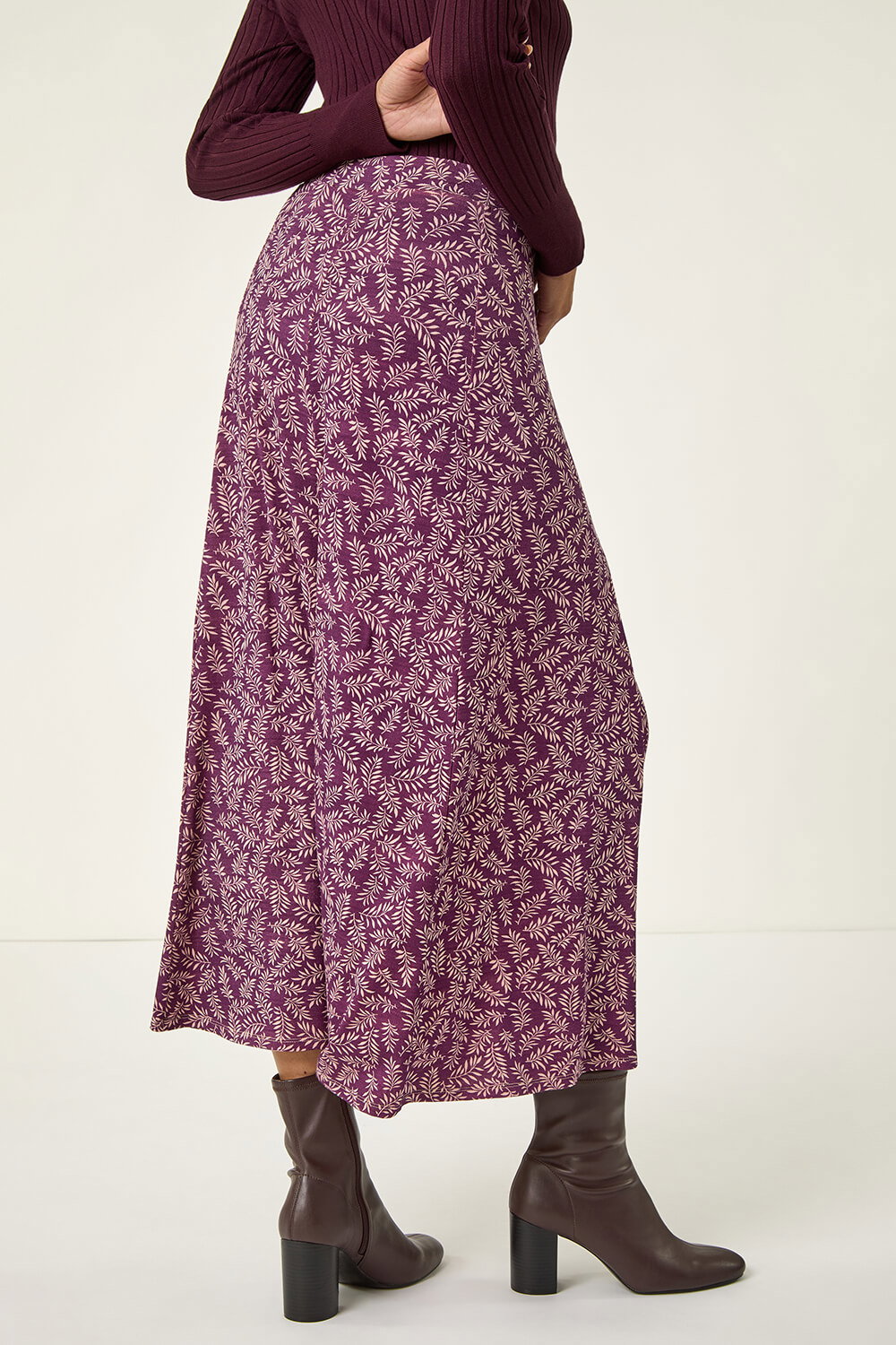 Bordeaux Spring Leaf Stretch Midi Skirt, Image 5 of 5