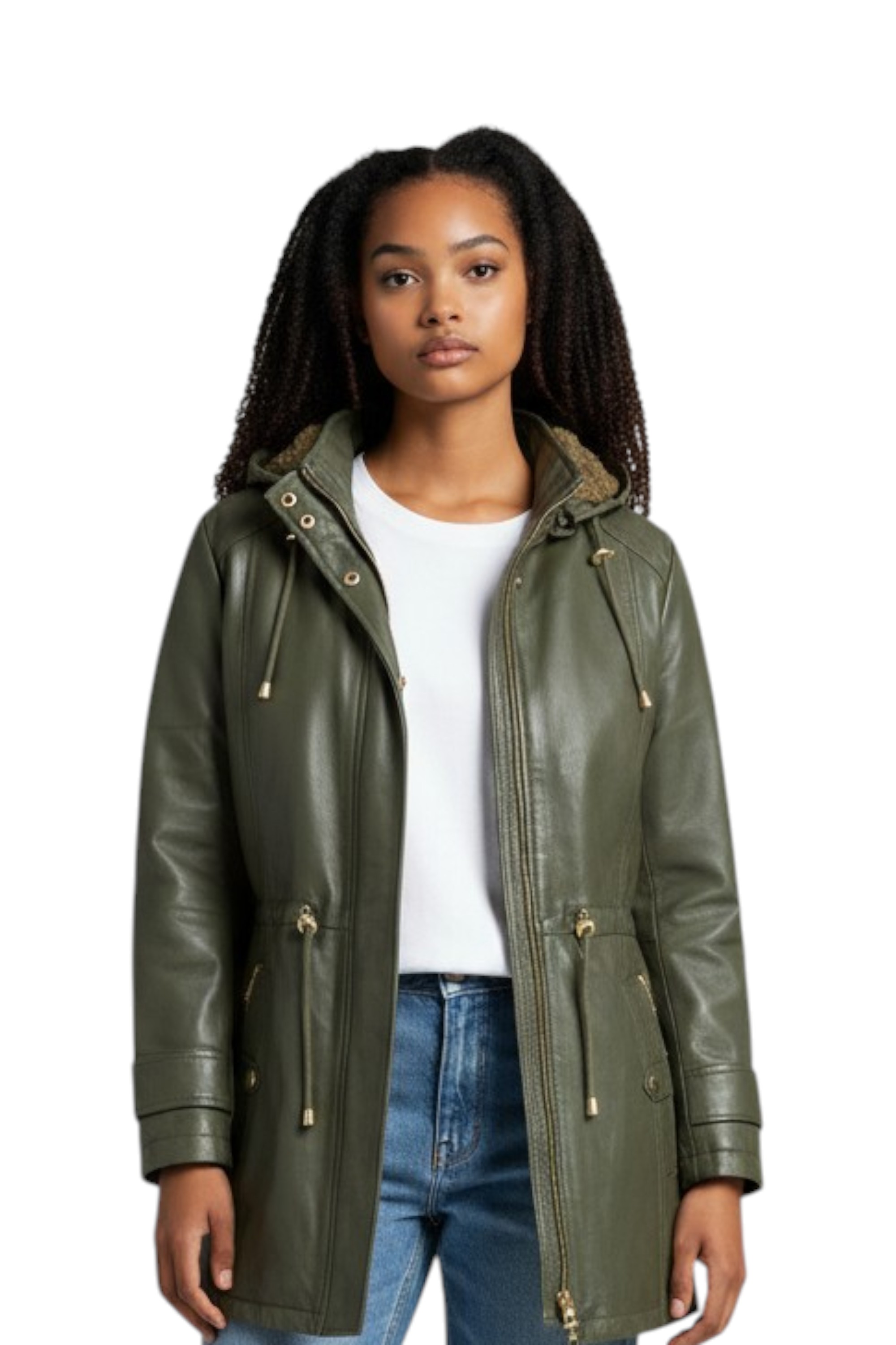 Green Leather Parka Hooded Trench Coat-Emilia, Image 1 of 8