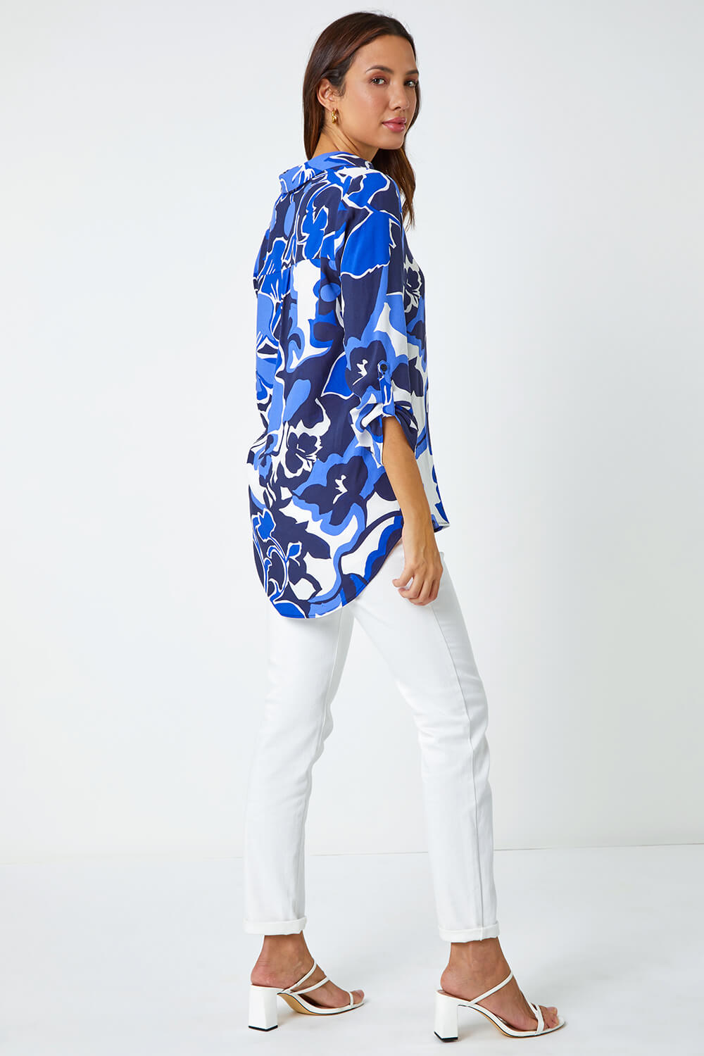 Royal Blue Floral Print V-Neck Pleat Front Top, Image 5 of 6