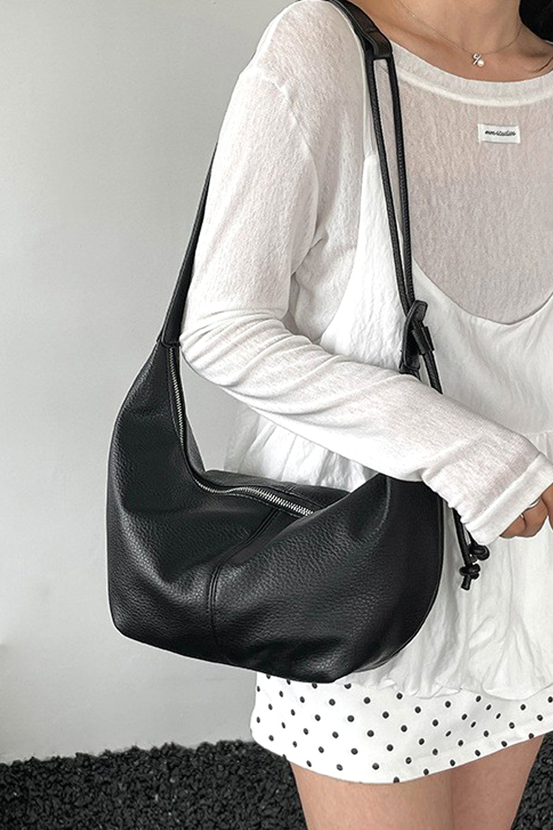 Black Crescent Shoulder Bag With Flower Charm, Image 2 of 3