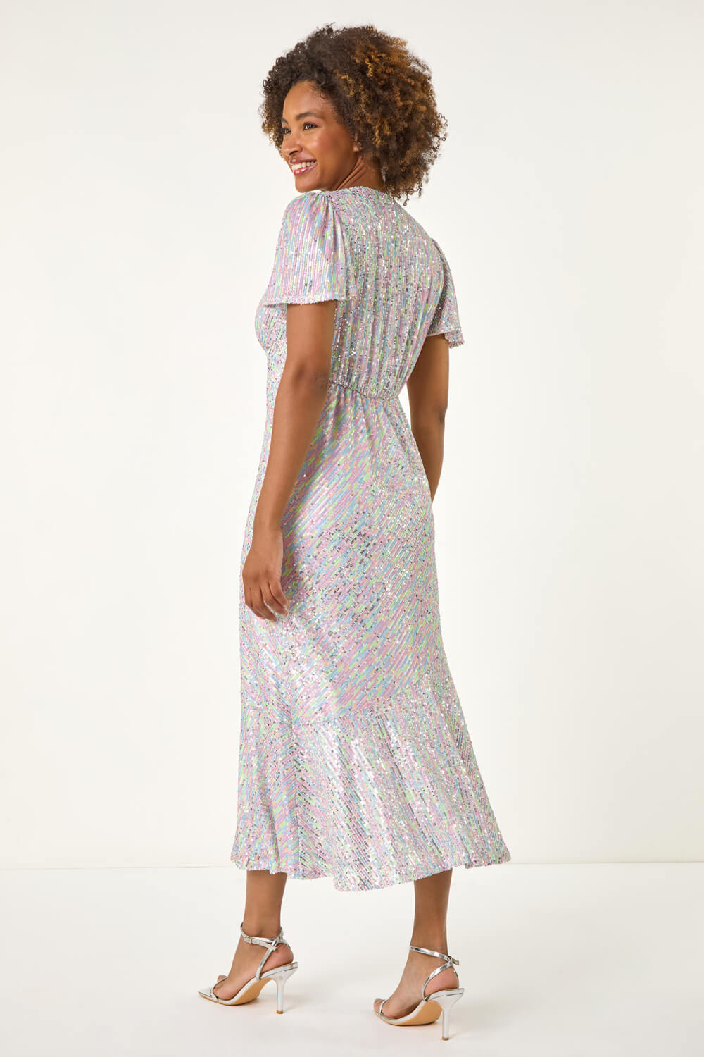 Silver Sequin Frill Hem Midi Dress, Image 4 of 5