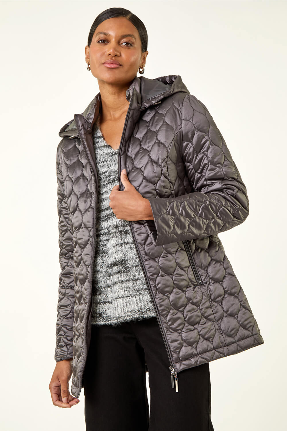 Roman Women's Grey Hooded Quilted Puffer Coat Size 10