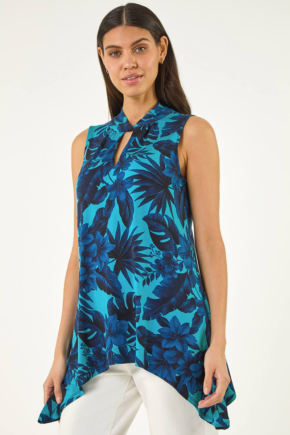 Turquoise Floral Keyhole Hanky Hem Top, Image 5 of 5