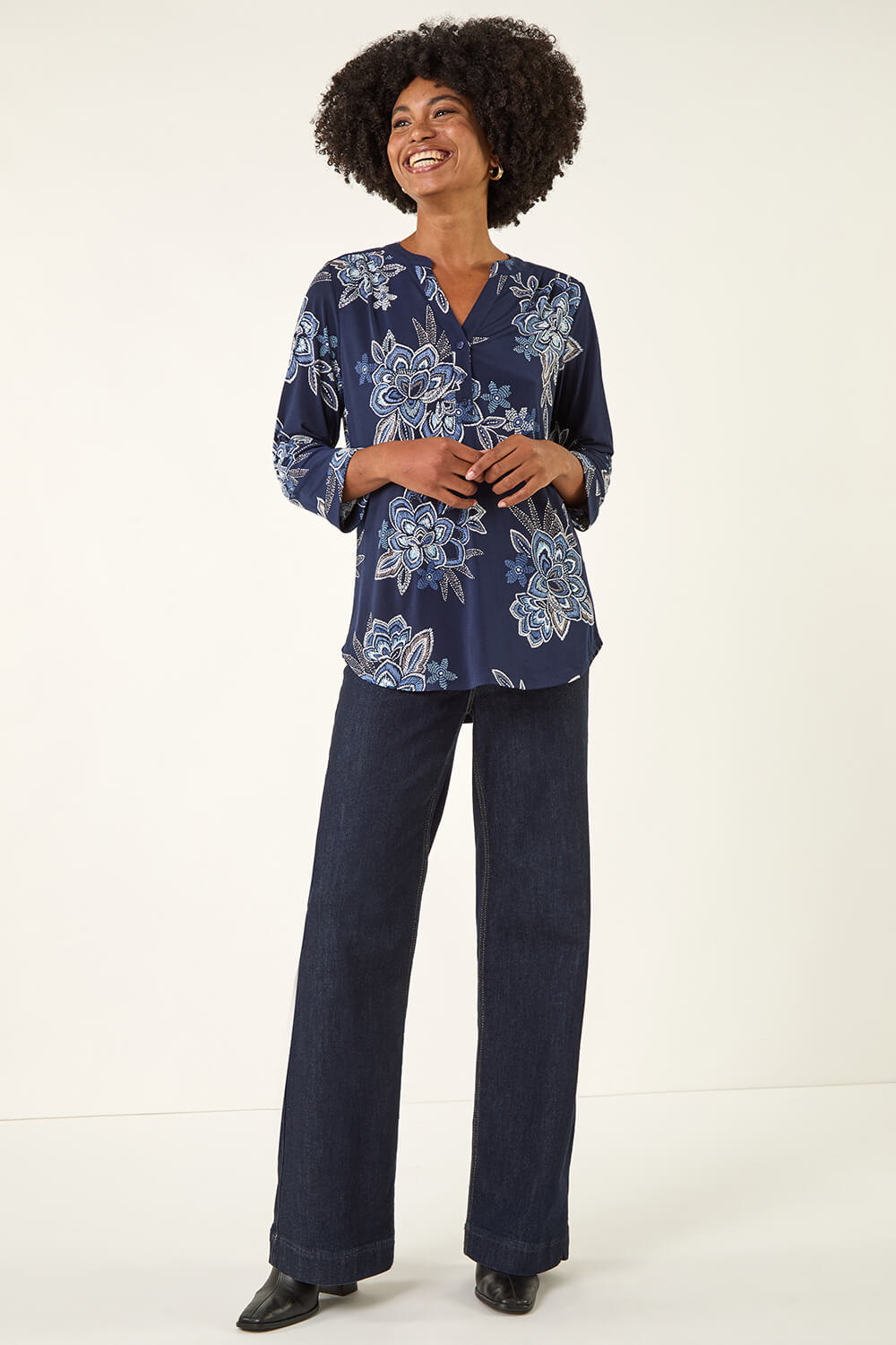 Blue Floral Puff Print Stretch Shirt, Image 3 of 5