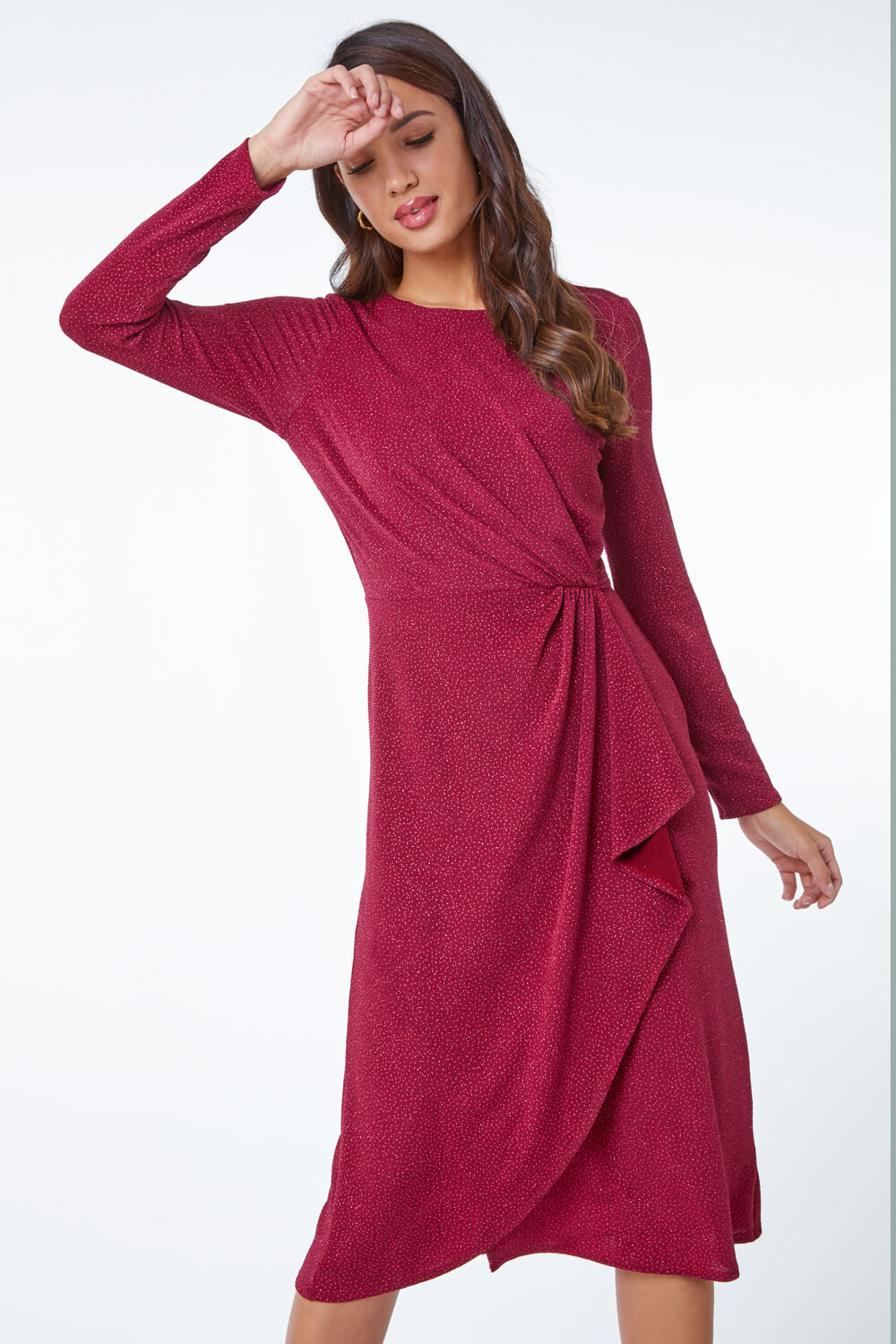 Midi Dress with Ruched Long Sleeves and Glitter Detail - Black