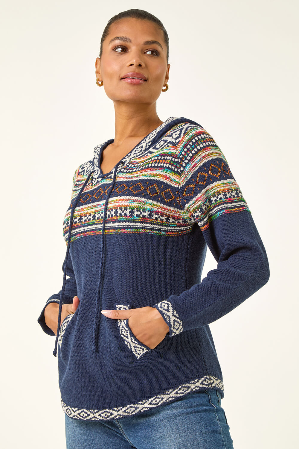 Midnight Blue Nordic Print Hooded V-Neck Jumper, Image 5 of 5