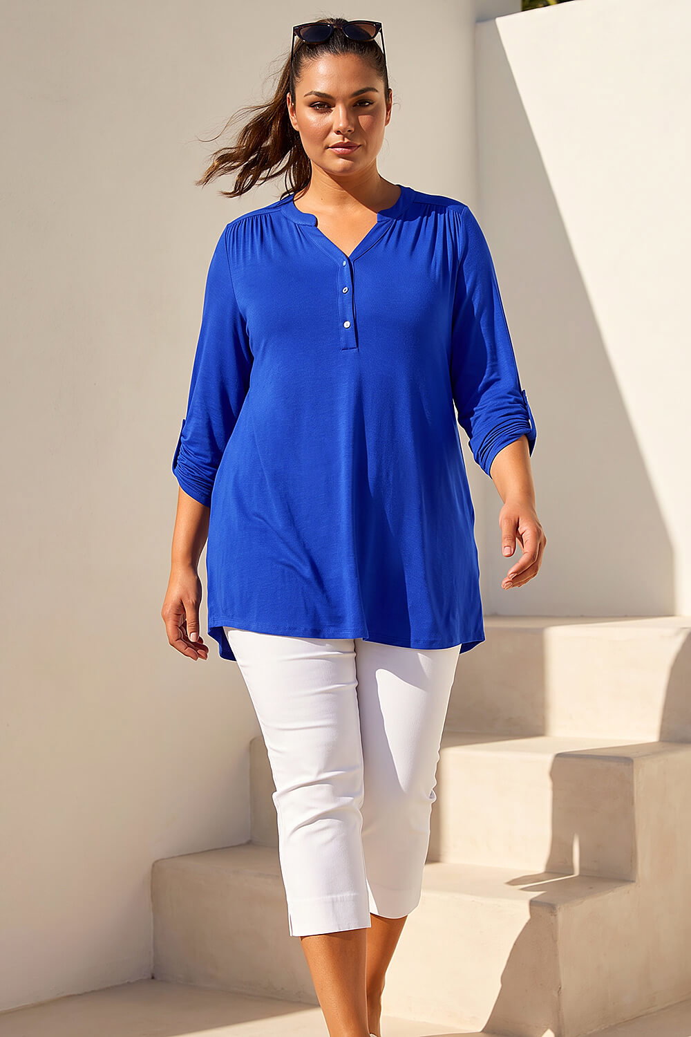 Royal Blue Curve Buttoned Stretch Top, Image 4 of 4