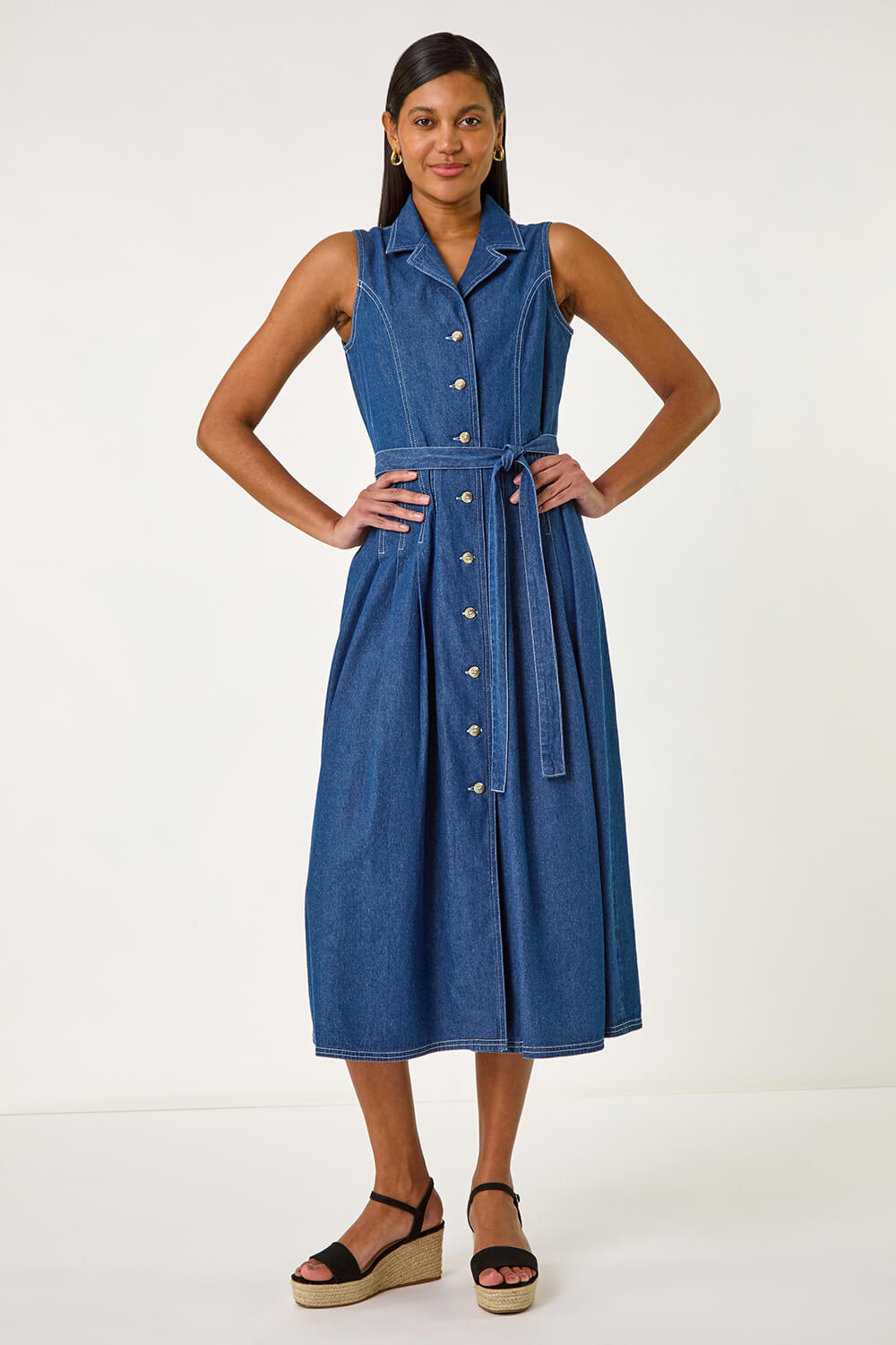 Denim Denim Button Through Midi Dress | Roman UK