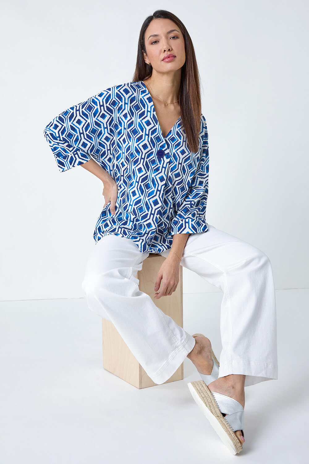 Blue Geometric Pleated Button Detail V-Neck Top, Image 5 of 5