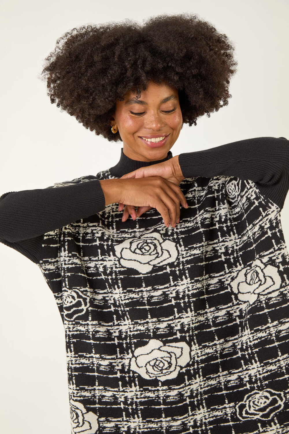 Black Plaid Rose Detail Knit Jumper, Image 5 of 5