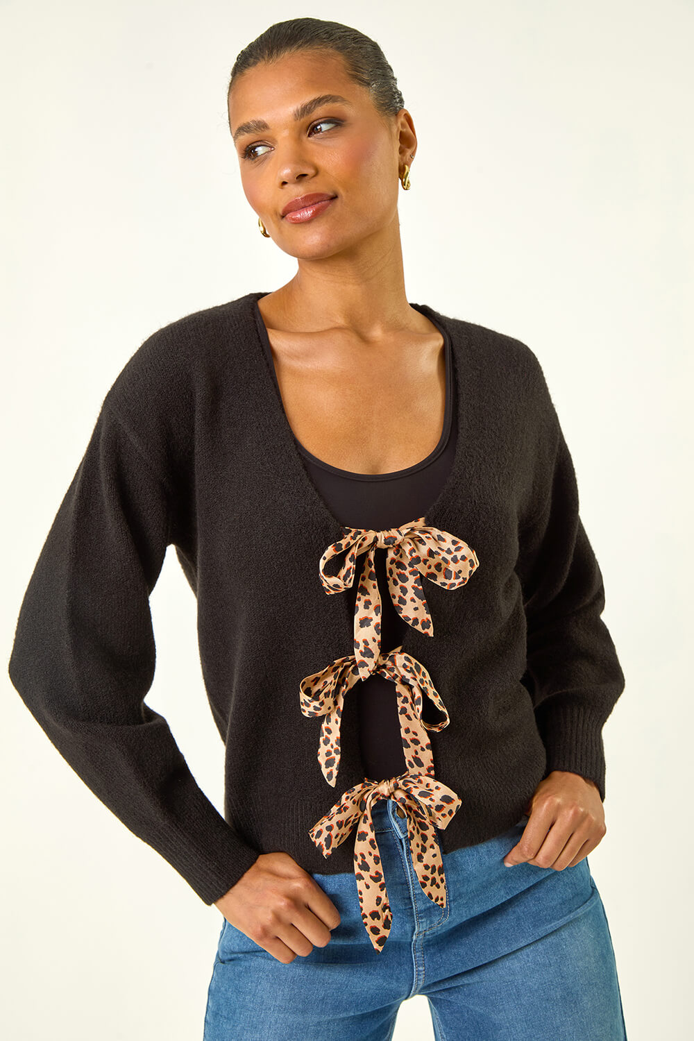 Black Animal Tie Front Knit Cardigan, Image 5 of 5
