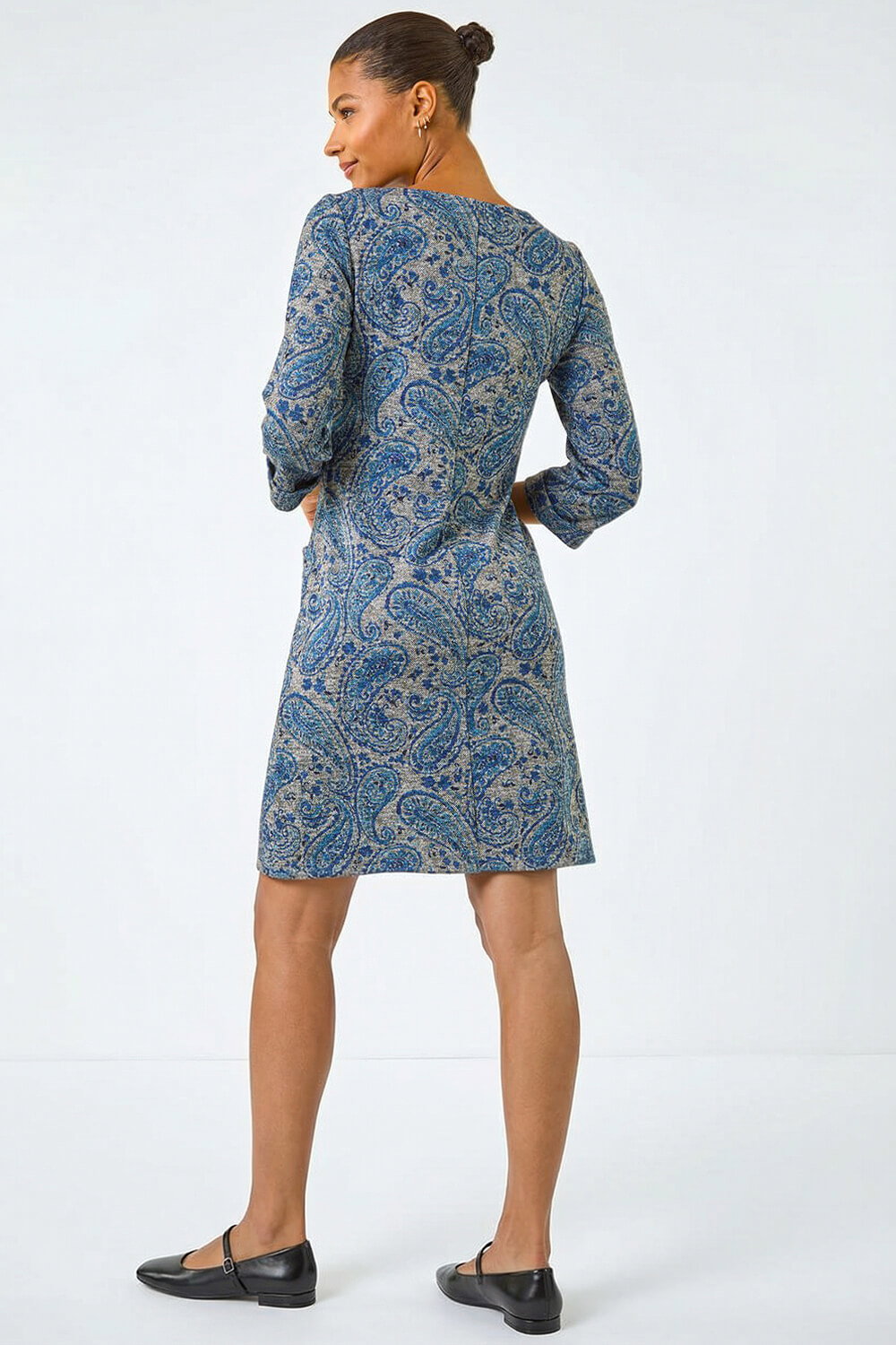 Blue Paisley Print Pocket Shift Stretch Dress, Image 4 of 5