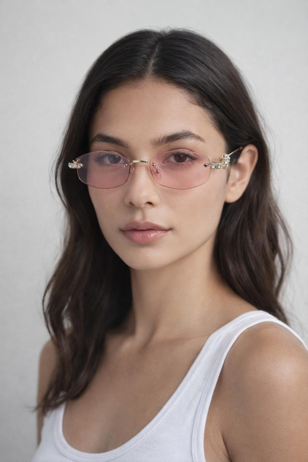 Pink Rimless Oval Diamante Sunglasses In Pink, Image 1 of 4