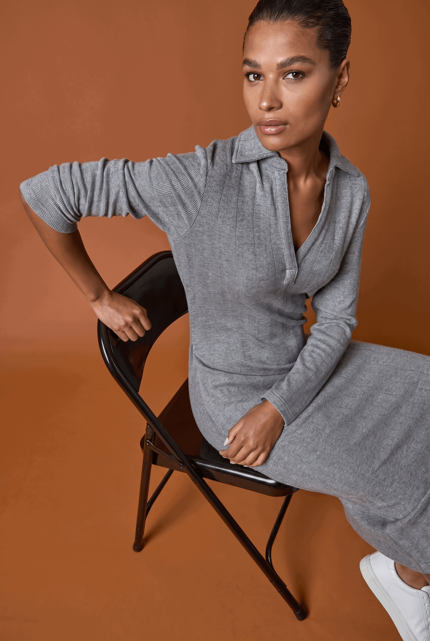 Grey Collar Ribbed Knit Midi Dress, Image 8 of 7