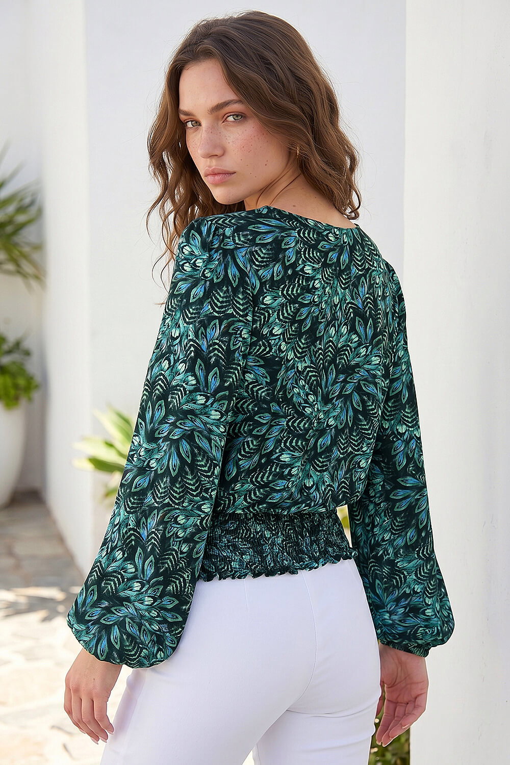 Blue Petite Printed Shirred Band Top, Image 4 of 4