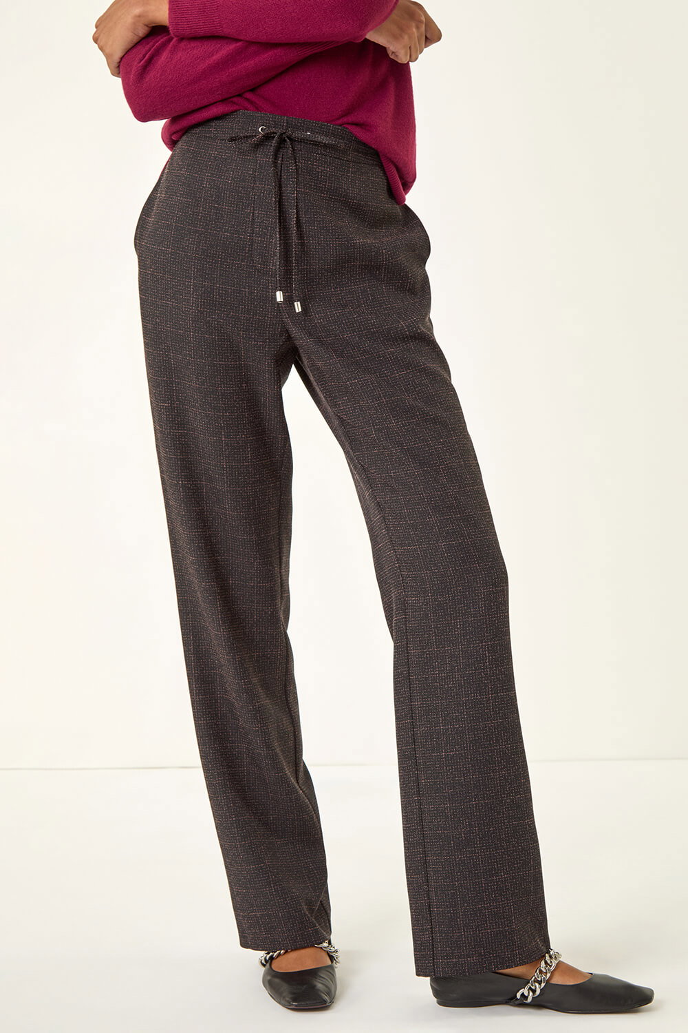 Aubergine Check Elasticated Waist Drawcord Trouser, Image 5 of 5