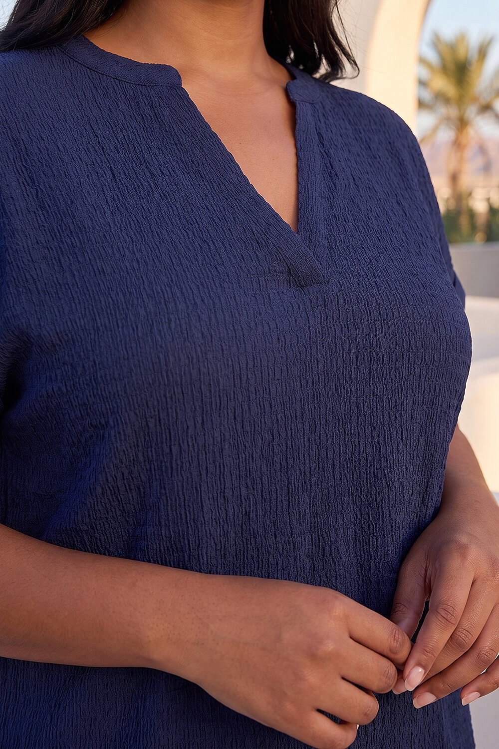 Navy Curve Textured Notch Neck Top, Image 5 of 4