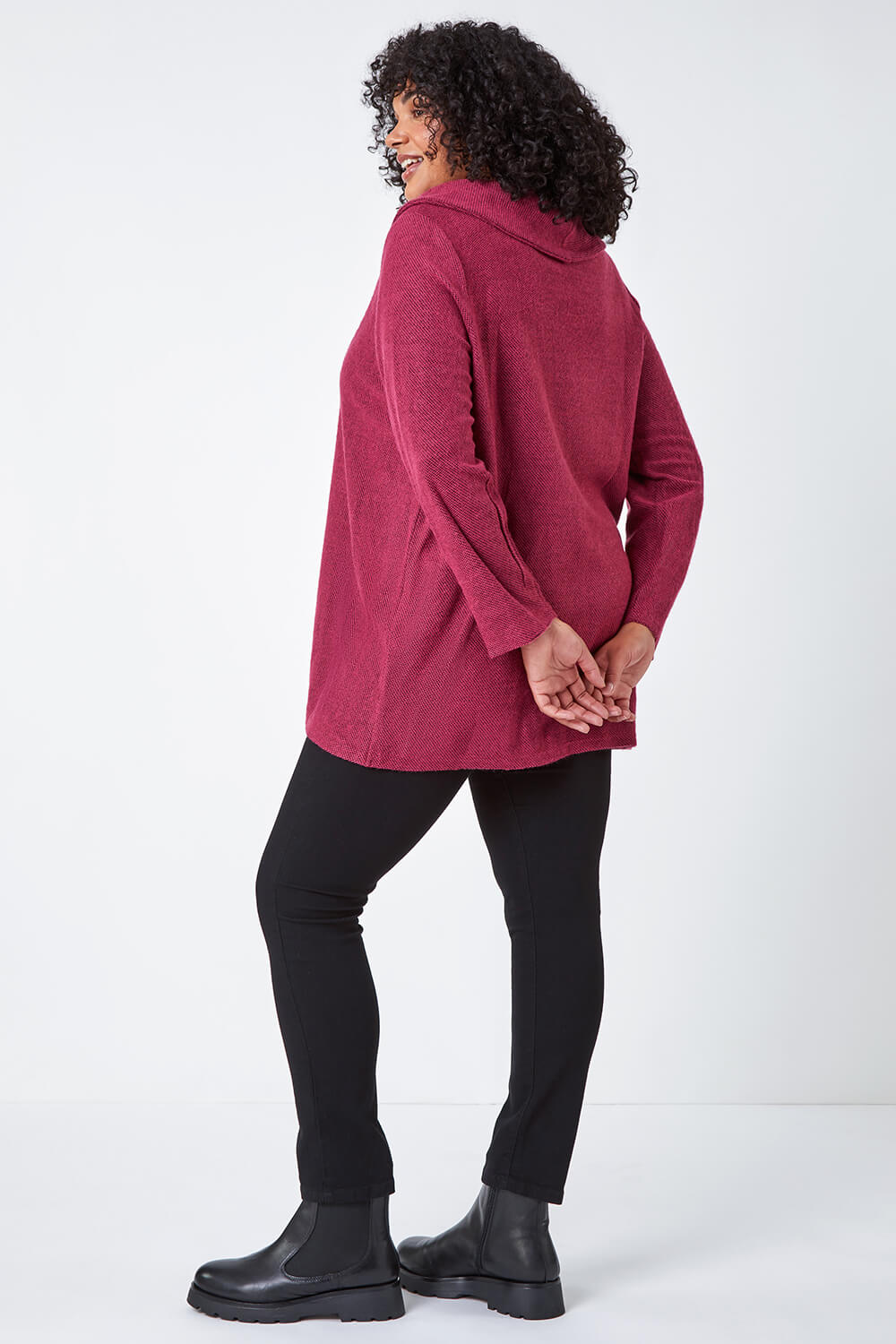Fuchsia Curve Cowl Neck Button Wrap Top, Image 4 of 5