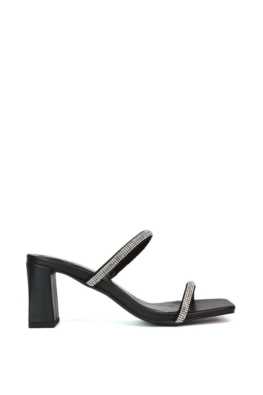 Black 'Holden' Diamante Strap Square Toe Mid Block Heel Sandal Mules, Image 1 of 5