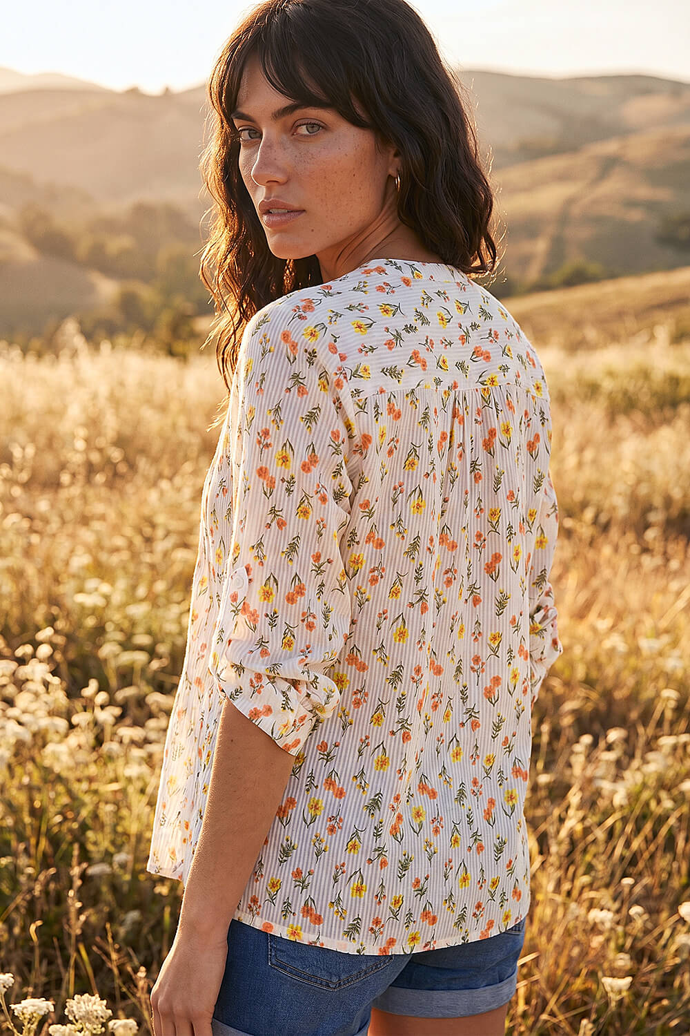 White Floral Print Trim Blouse , Image 4 of 4