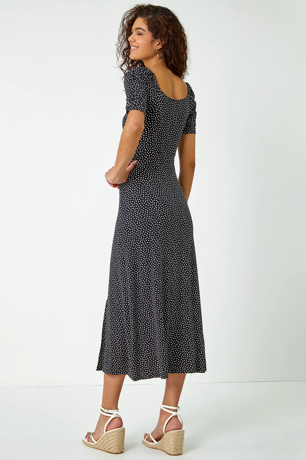 Black Polka Dot Print Midi Dress, Image 3 of 5