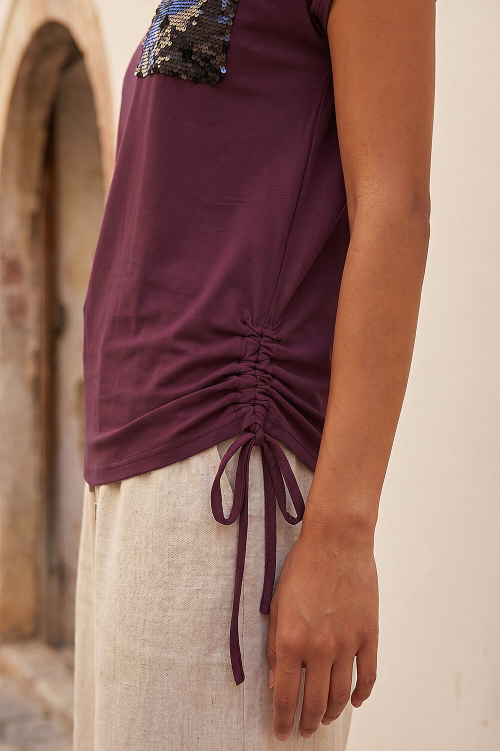 Burgundy Sequin Pocket Side Ruched T-Shirt, Image 5 of 4