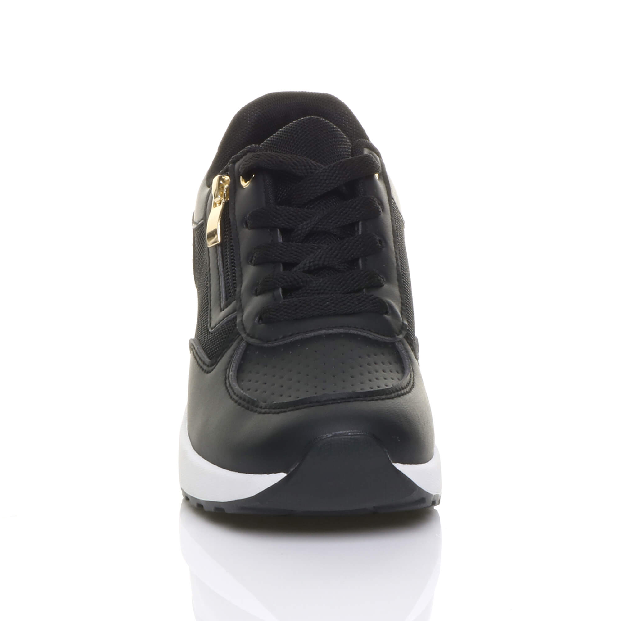 Black Mid Wedge Heel Lace Up Gold Zip Trainers, Image 5 of 5